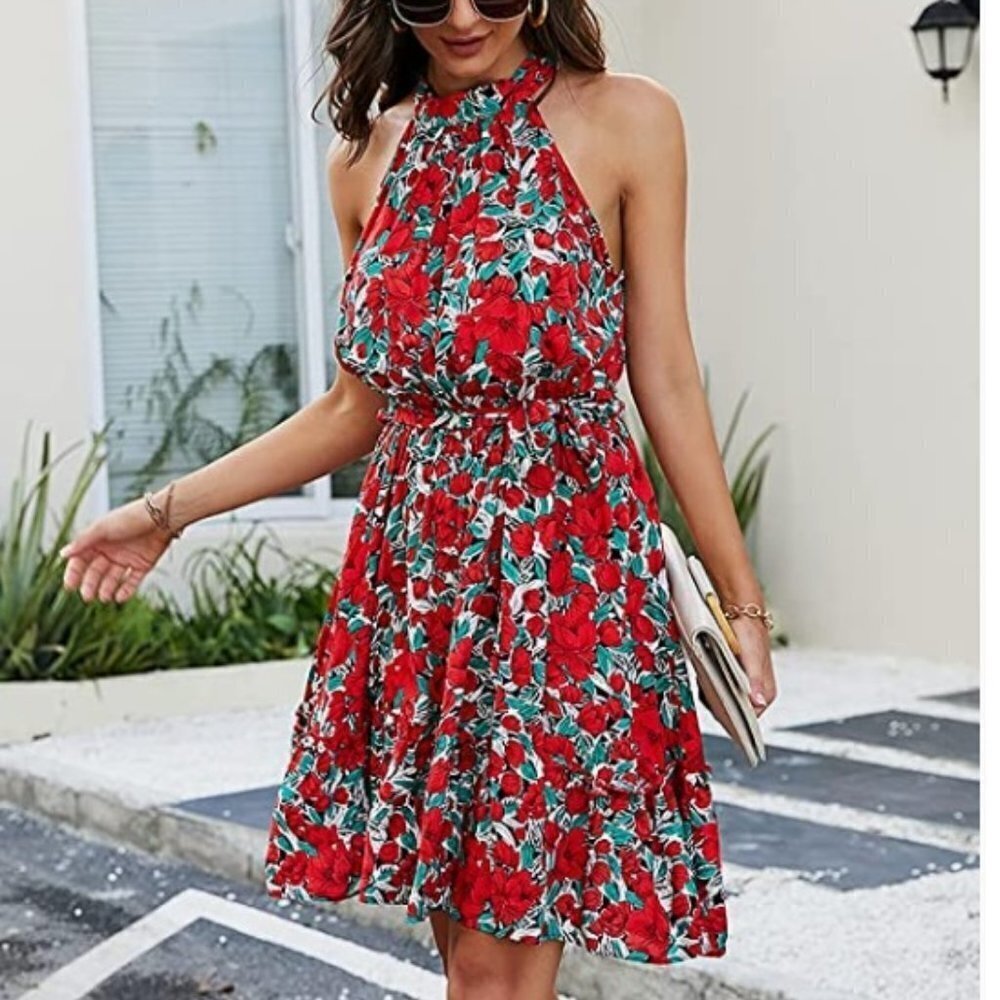 Women's Sleeveless Halter Backless Floral Print Ruffle Mini Short Dress, Small